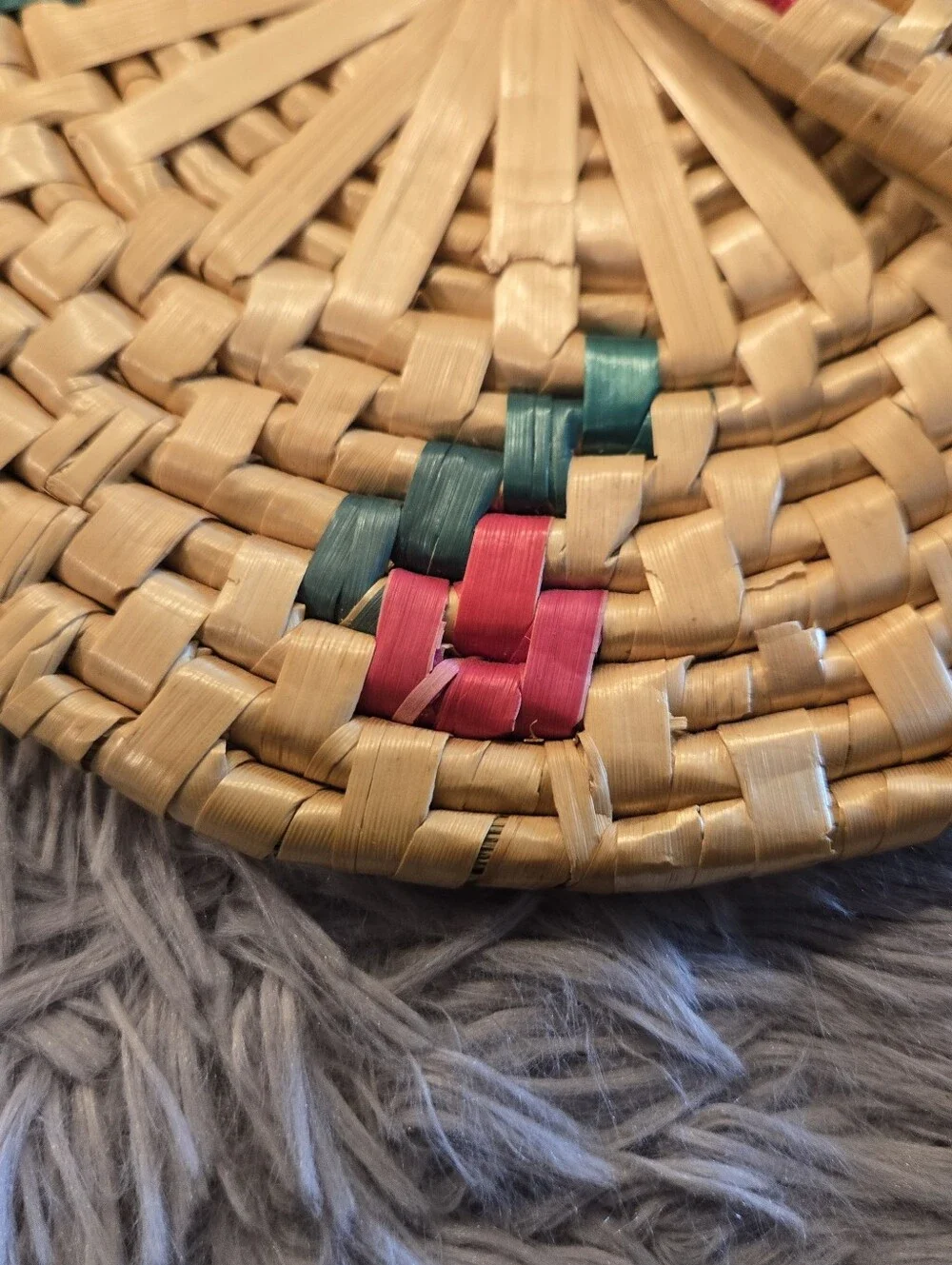 Vintage Trivets Handwoven Round Rattan Coasters with Red & Green Accents